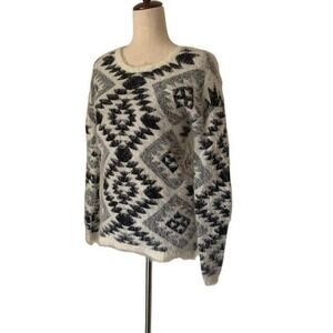 Say What Aztec Tribal Fuzzy Eyelash Knit Sweater M Black White Geometric Boho